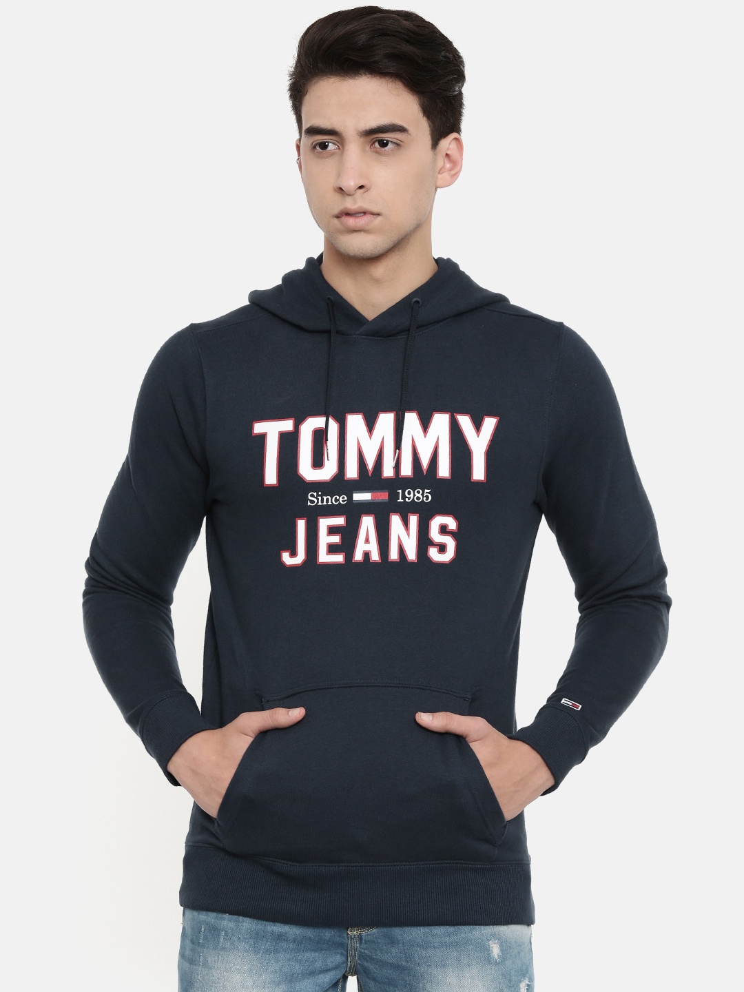 

Tommy Hilfiger Men Navy Blue Printed Hooded Sweatshirt