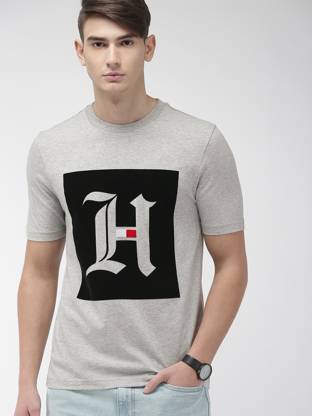 

Tommy Hilfiger X Lewis Hamilton Men Grey Melange Applique Detail Round Neck Pure Cotton T-shirt