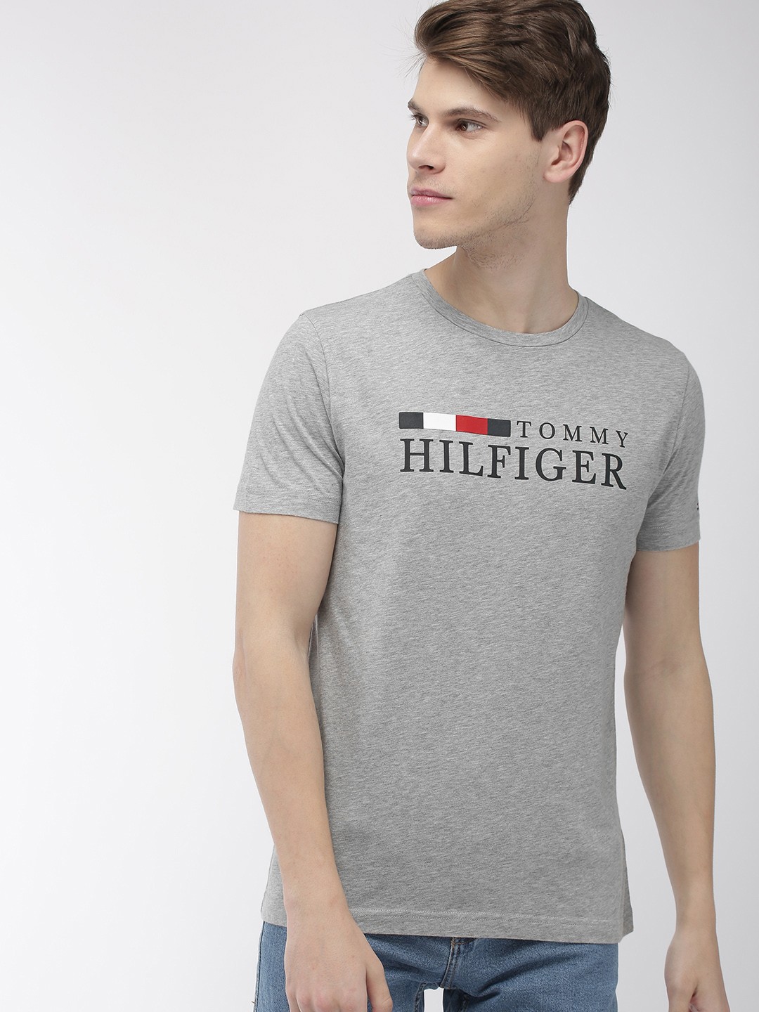 

Tommy Hilfiger Men Grey Melange Printed Round Neck Pure Cotton T-shirt