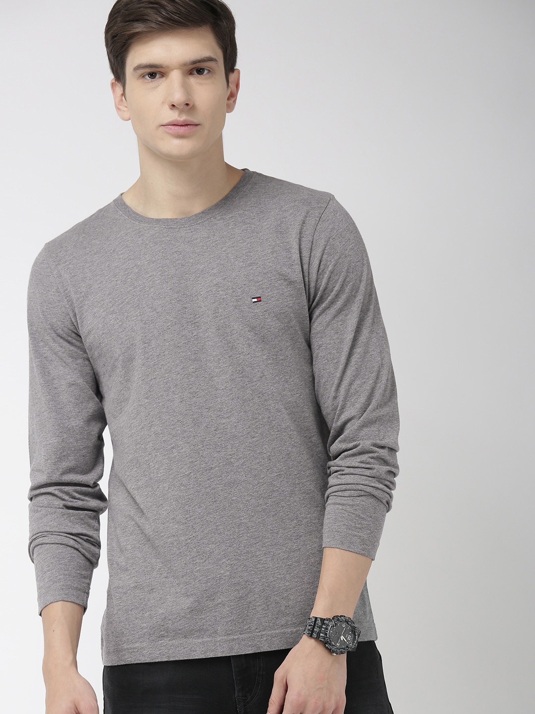 

Tommy Hilfiger Men Grey Melange Solid Round Neck Pure Cotton T-shirt