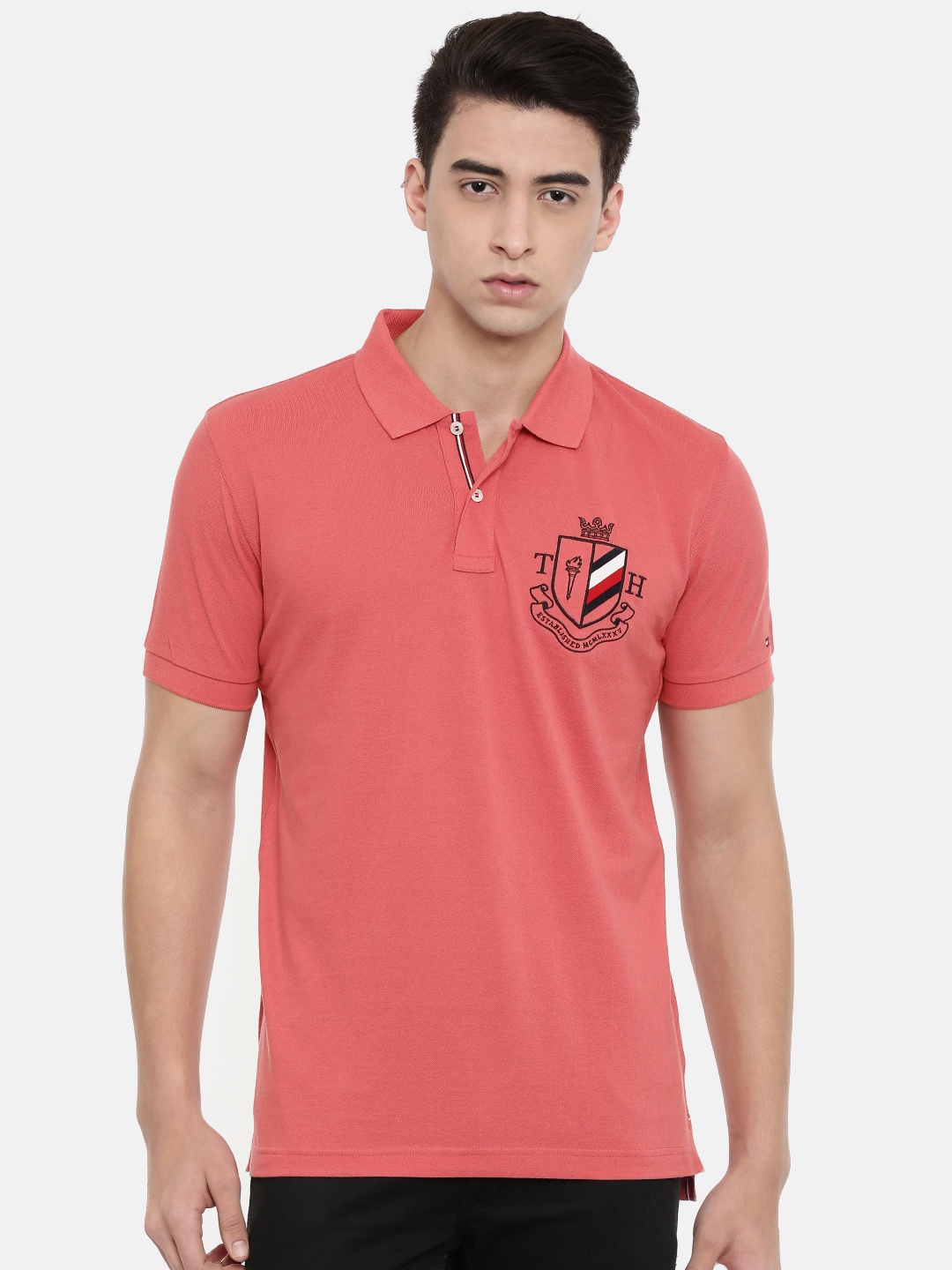 

Tommy Hilfiger Men Coral Orange Solid Polo Collar Pure Cotton T-shirt