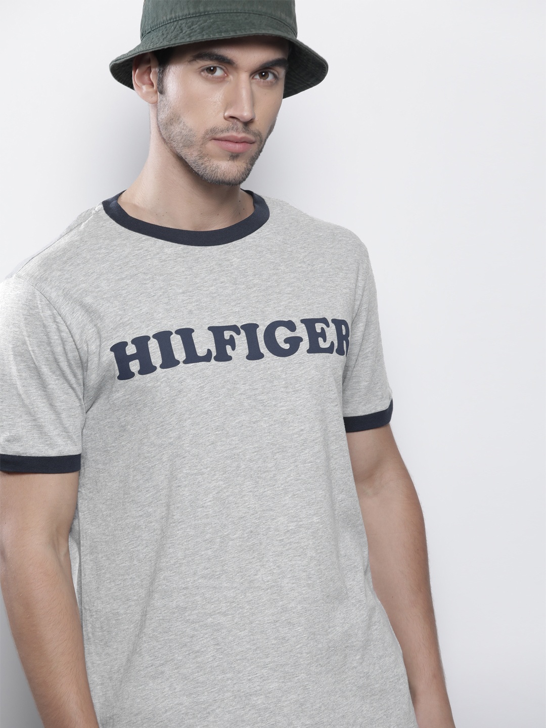 

Tommy Hilfiger Men Grey Melange Pure Cotton Brand Logo Printed Round Neck T-shirt