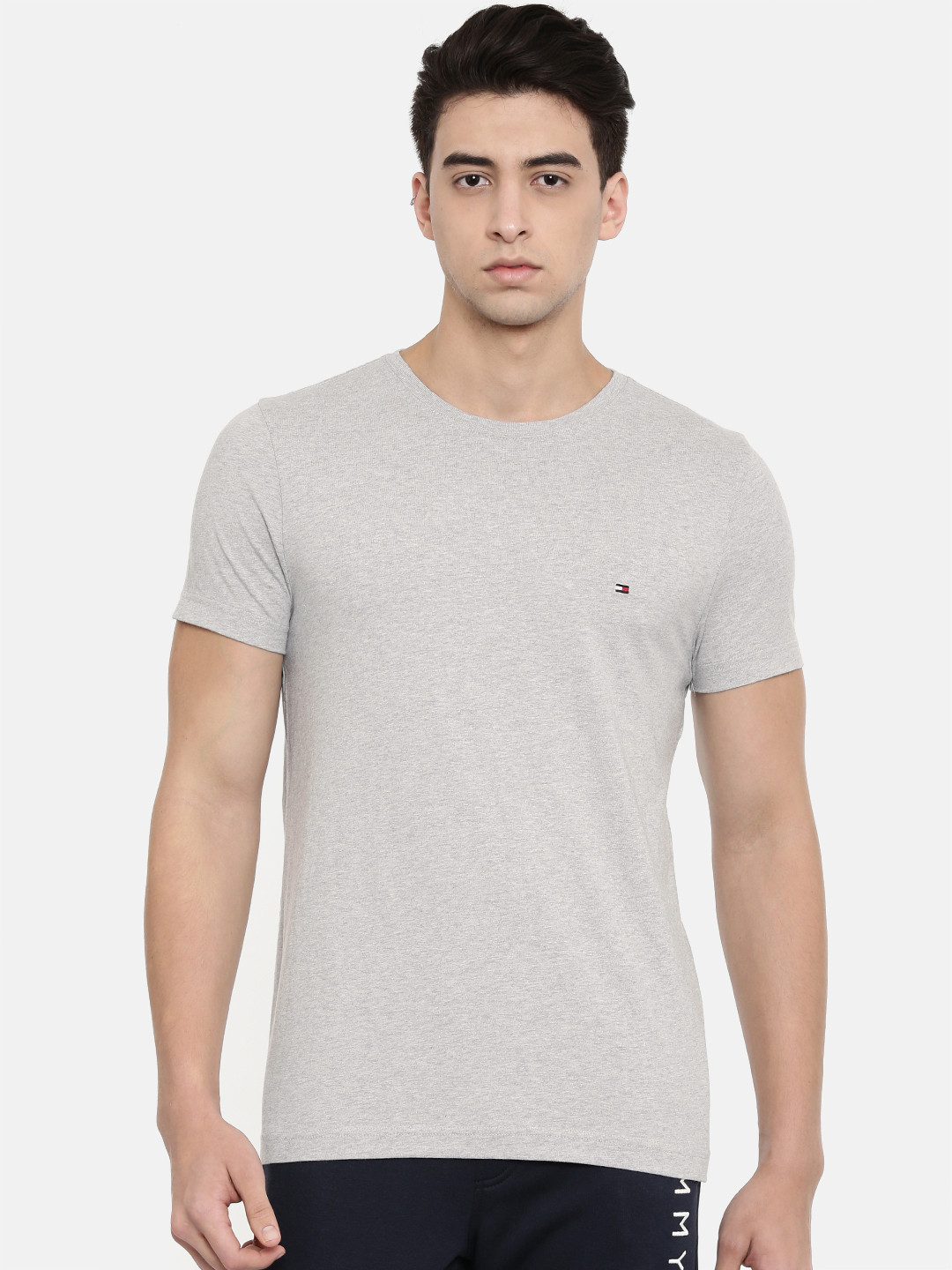 

Tommy Hilfiger Men Grey Melange Solid Round Neck Pure Cotton T-shirt