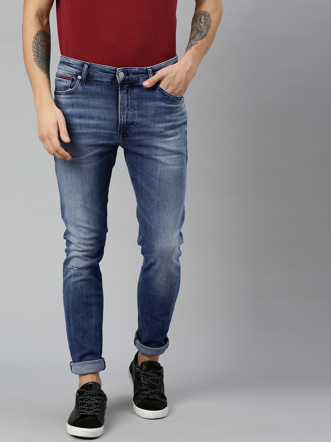 

Tommy Hilfiger Men Blue Simon Skinny Fit Mid-Rise Low Distress Stretchable Jeans
