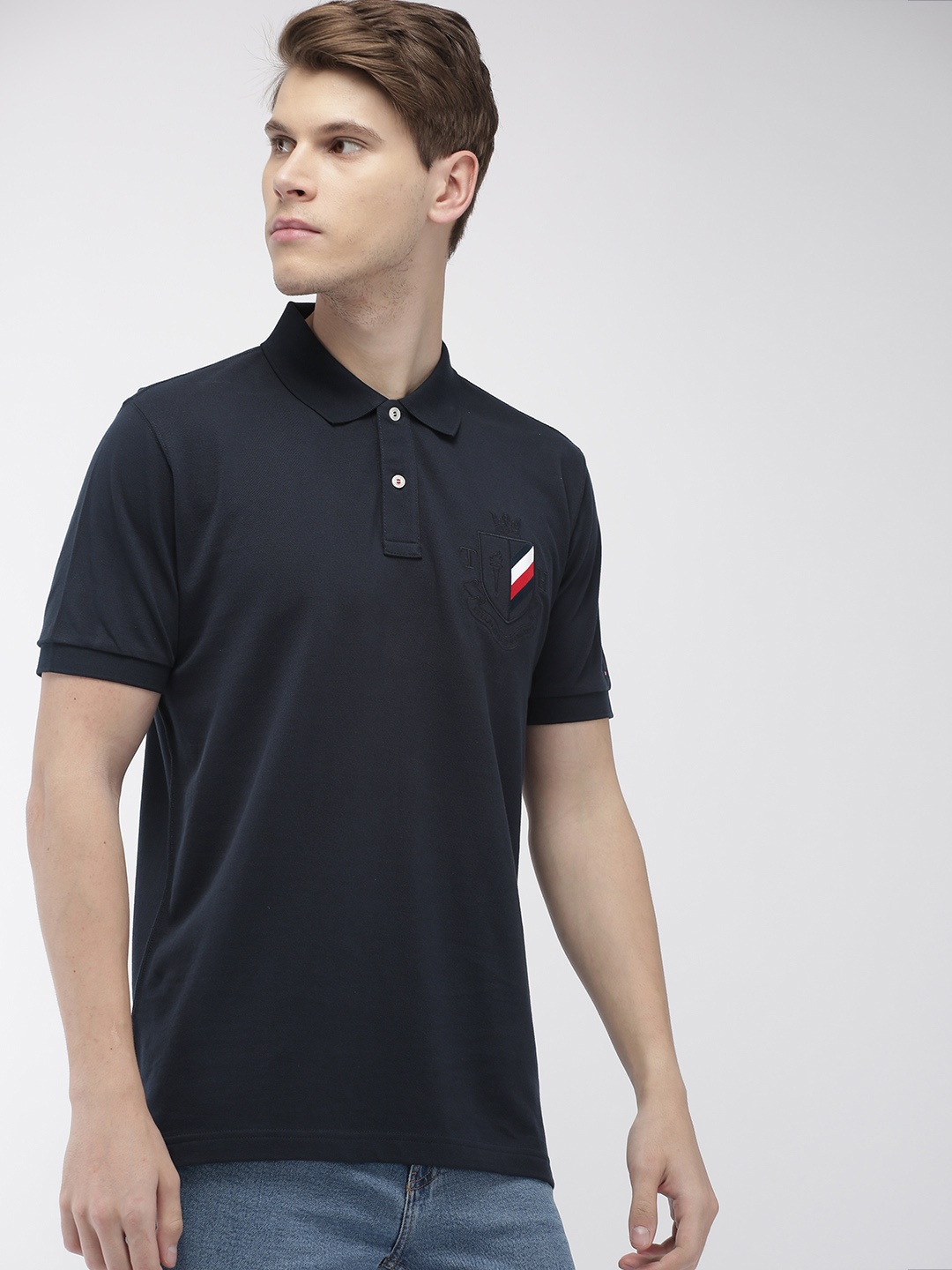 

Tommy Hilfiger Men Navy Solid Polo Collar Pure Cotton T-shirt, Navy blue
