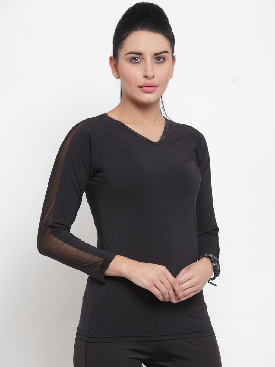 

Boston Club Women Black Solid V-Neck Gym T-shirt