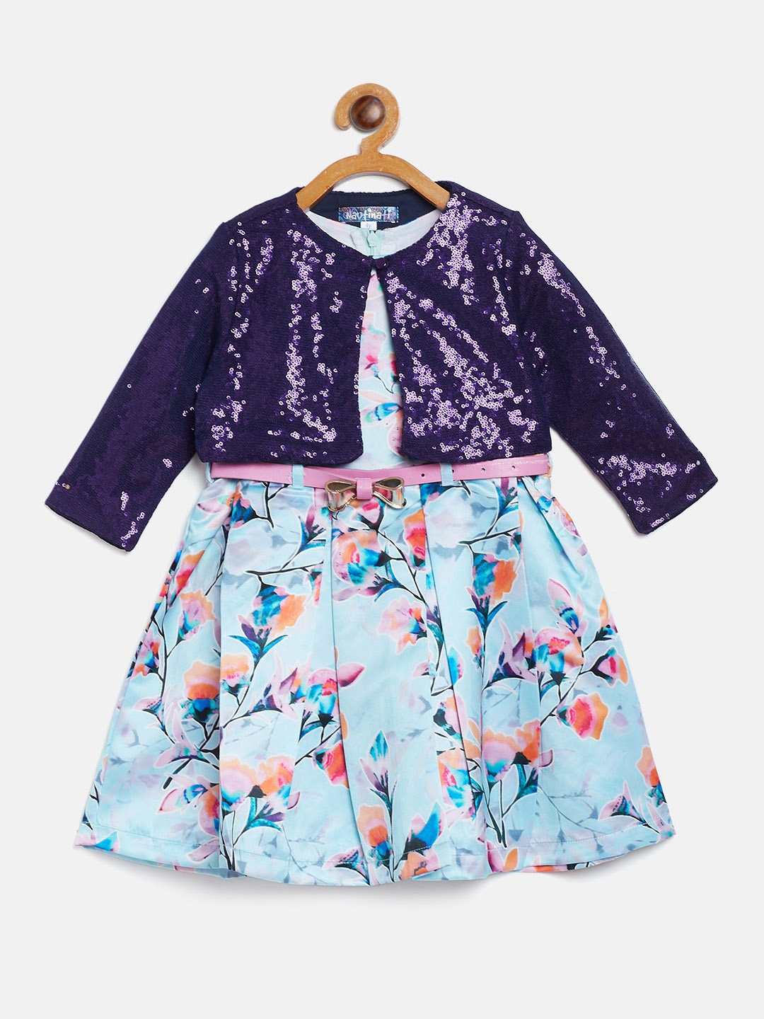 

Nauti Nati Girls Blue & Pink Floral Printed Fit & Flare Dress with Shrug