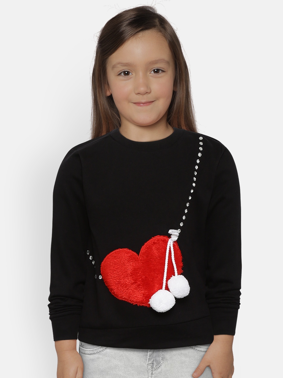 

Nauti Nati Girls Black Self Design Sweatshirt with Embellished Detail