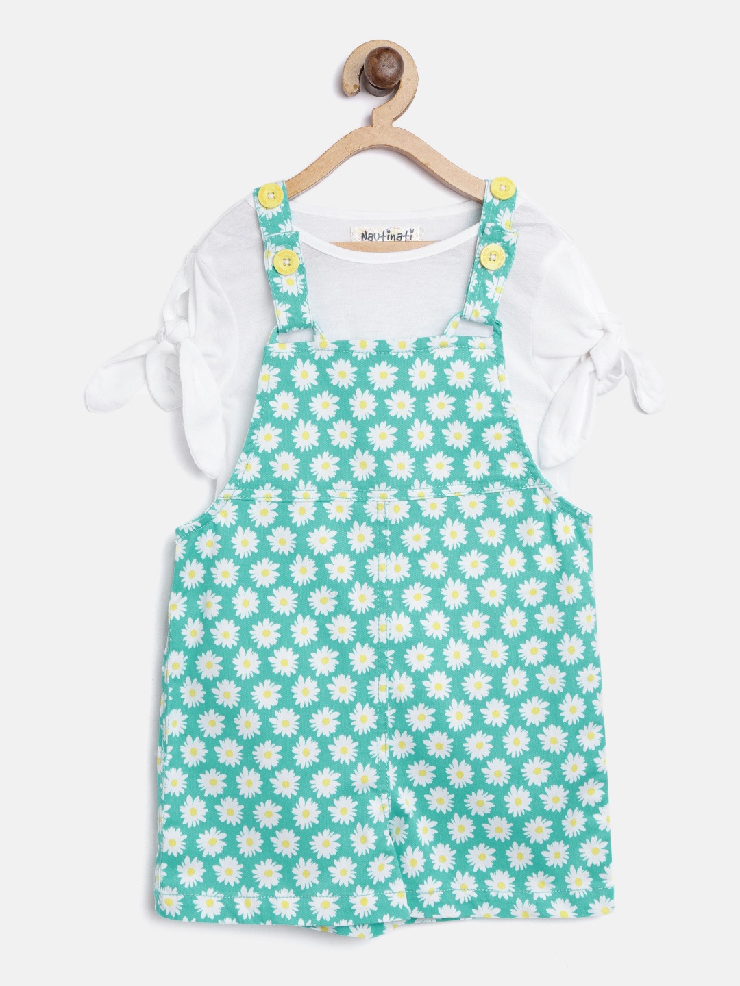 

Nauti Nati Girls White & Green Solid Top with Printed Dungarees