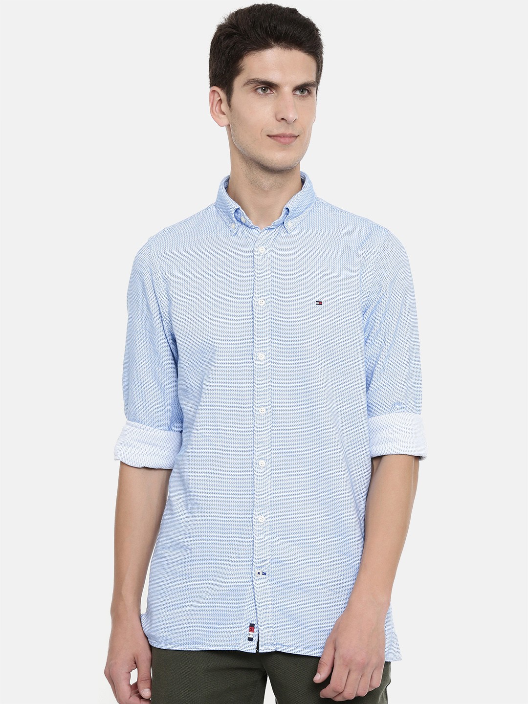 

Tommy Hilfiger Men Blue & White Slim Fit Self Design Casual Shirt