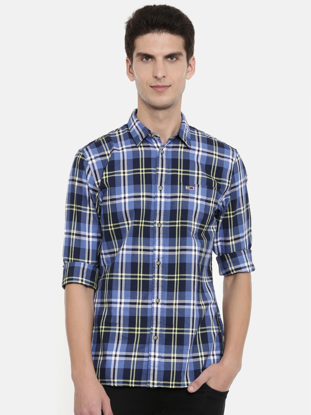 

Tommy Hilfiger Men Blue & Yellow Regular Fit Checked Casual Shirt