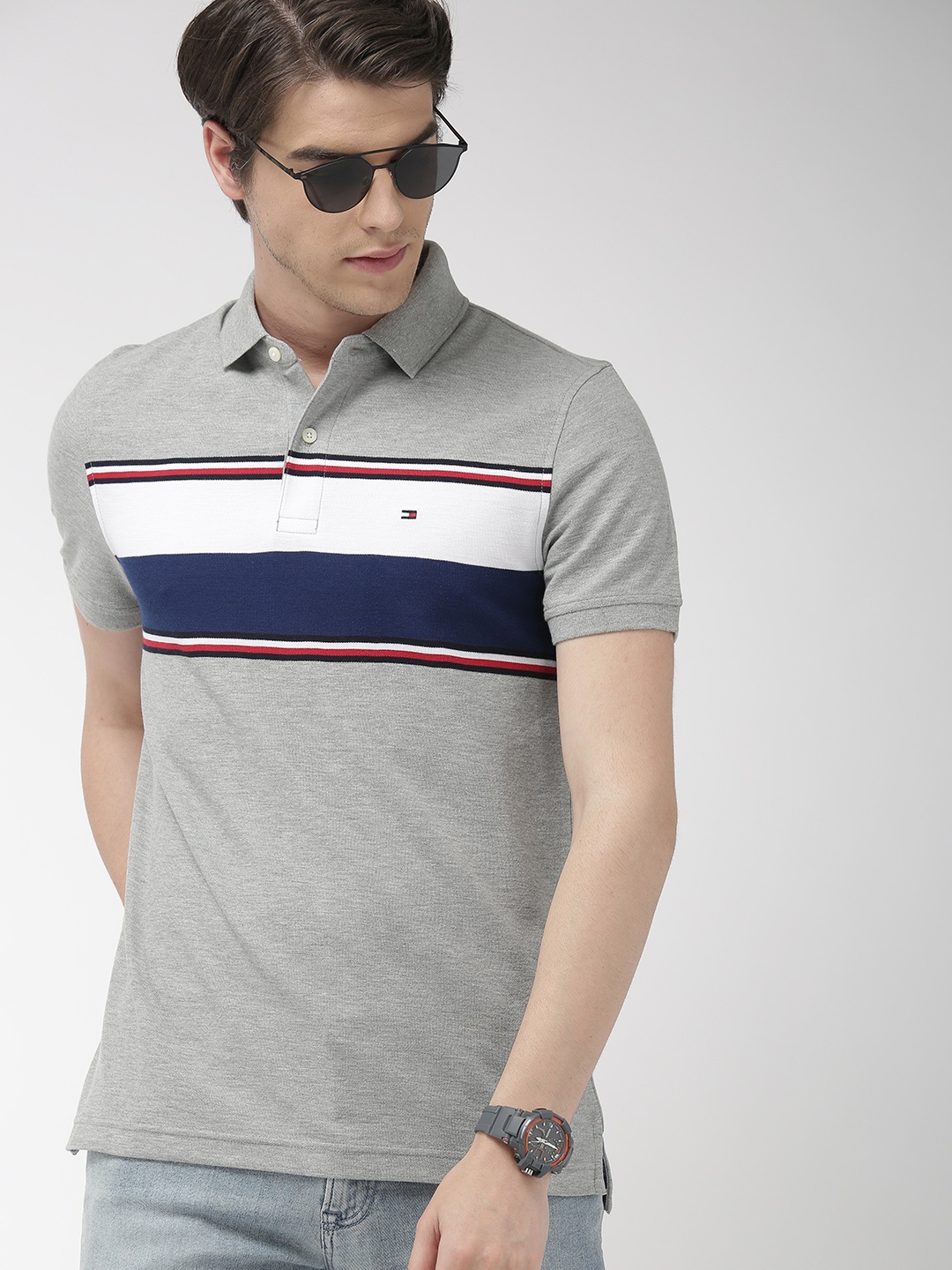 

Tommy Hilfiger Men Grey & Navy Blue Colourblocked Polo Collar T-shirt