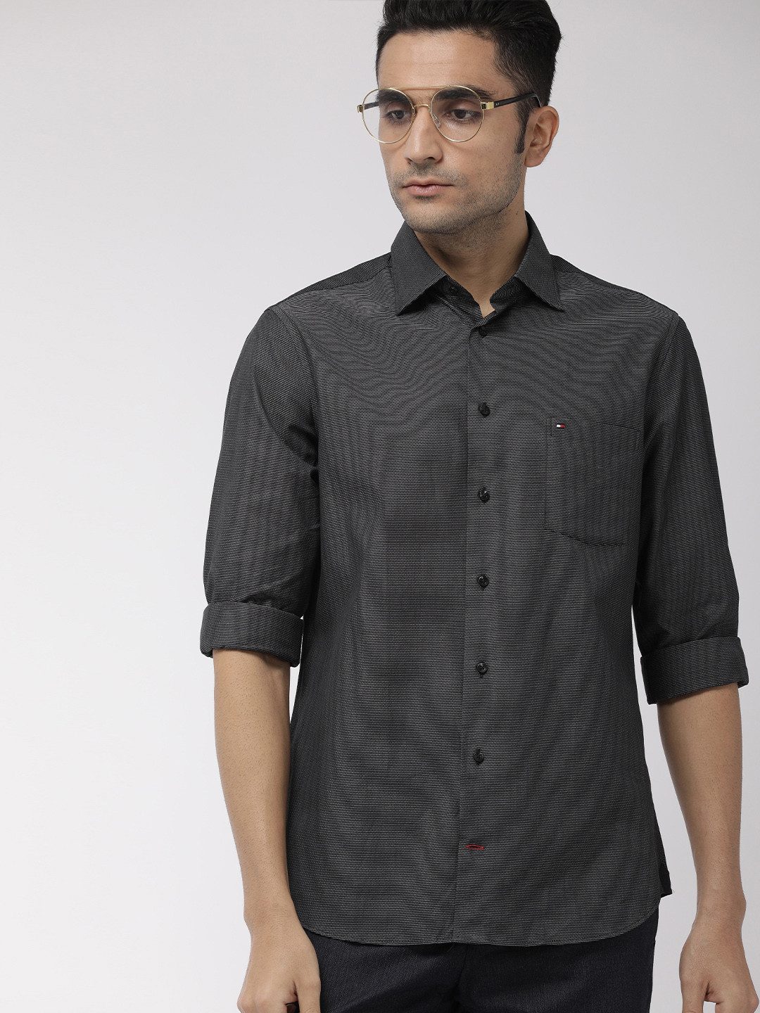 

Tommy Hilfiger Men Black Self Design Regular Fit Casual Shirt