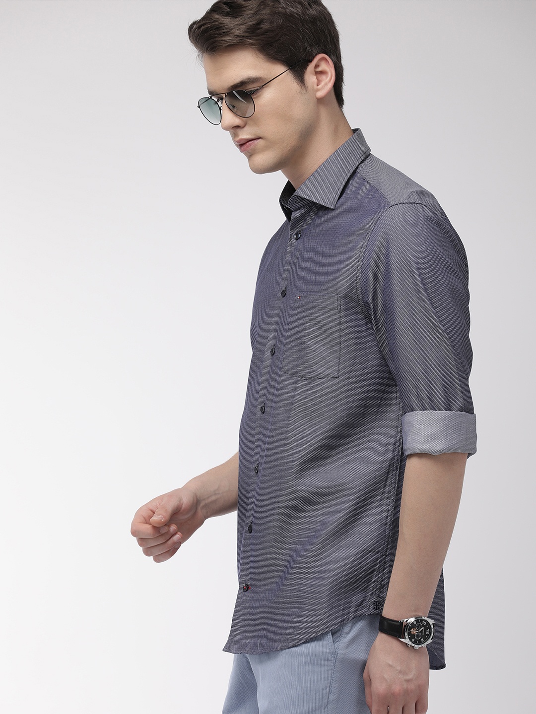 

Tommy Hilfiger Men Navy Blue & White Regular Fit Self Design Casual Shirt
