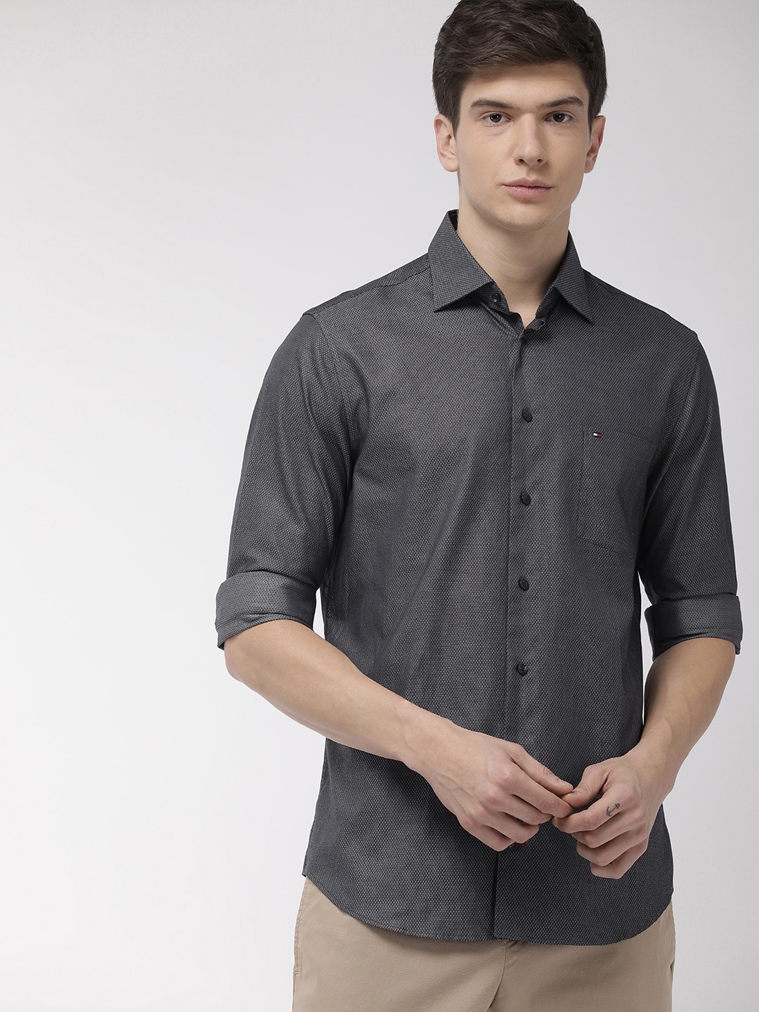 

Tommy Hilfiger Men Charcoal Grey Self-Design Casual Shirt