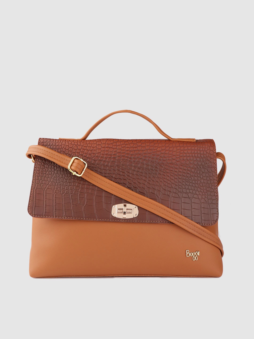 

Baggit Tan Brown Colourblocked Satchel with Croc Textured Detail