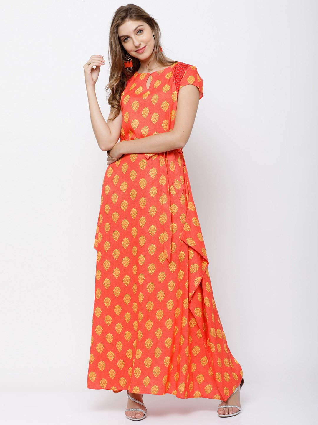 

Vishudh Women Orange & Yellow Printed A-Line Kurta