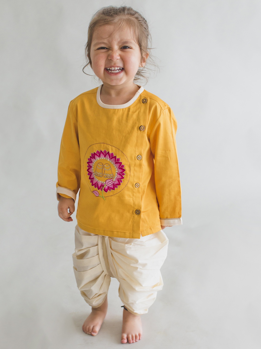 

Tiber Taber Boys Mustard Yellow & Cream-Coloured Embroidered Kurta with Dhoti Pants