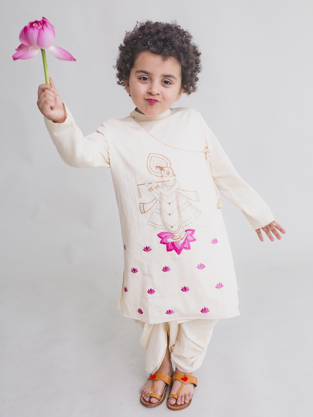 

Tiber Taber Boys Cream-Coloured Embroidered Kurta with Dhoti Pants