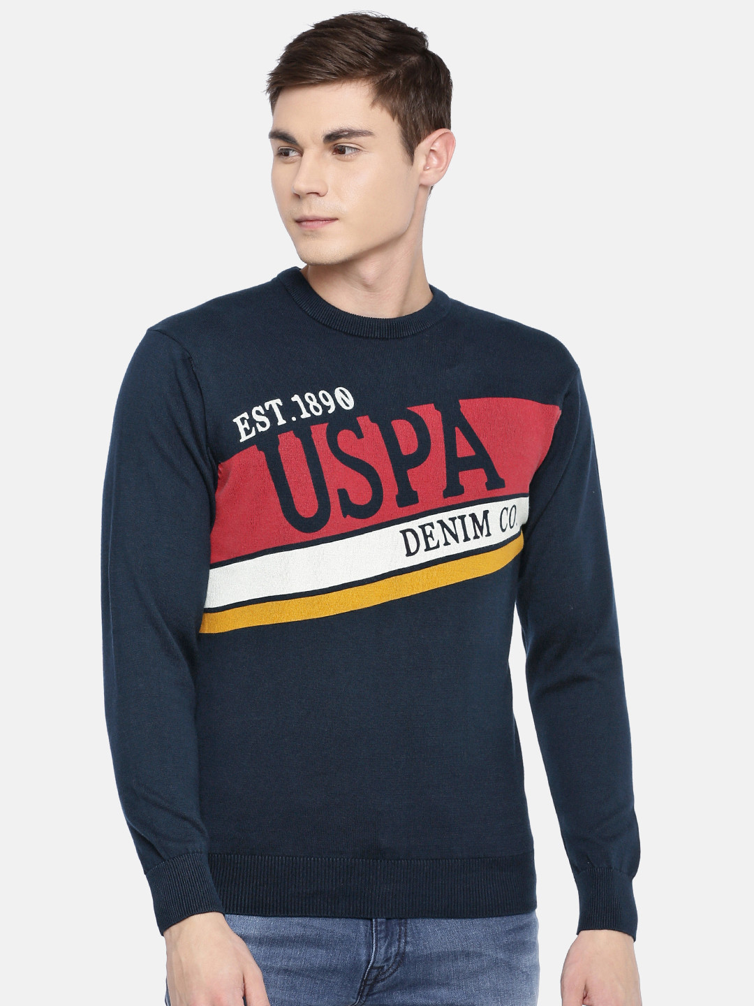 

U.S. Polo Assn. Denim Co. Men Navy Blue Printed Pullover Sweater