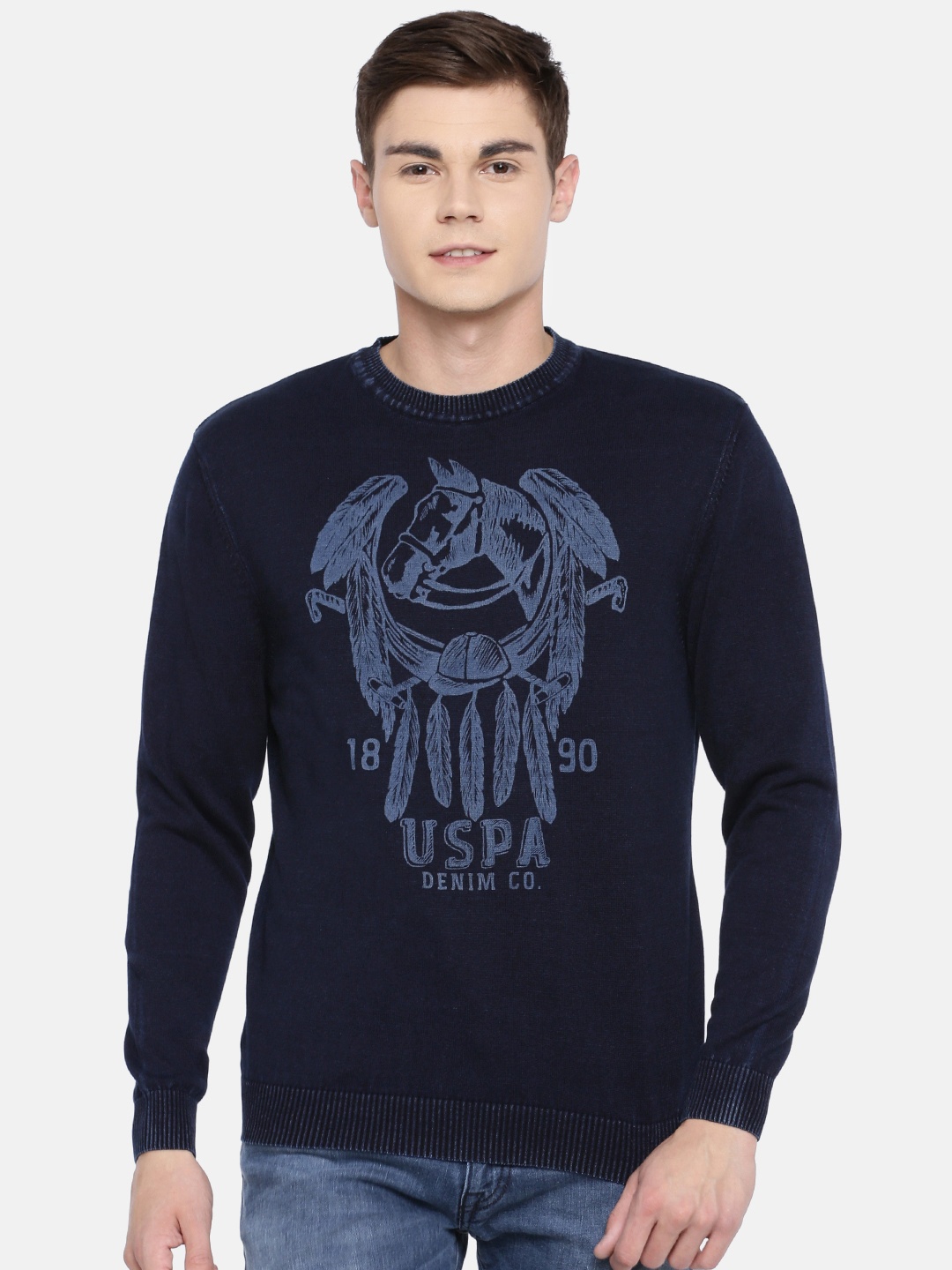 

U.S. Polo Assn. Denim Co. Men Navy Blue Printed Pullover Sweater