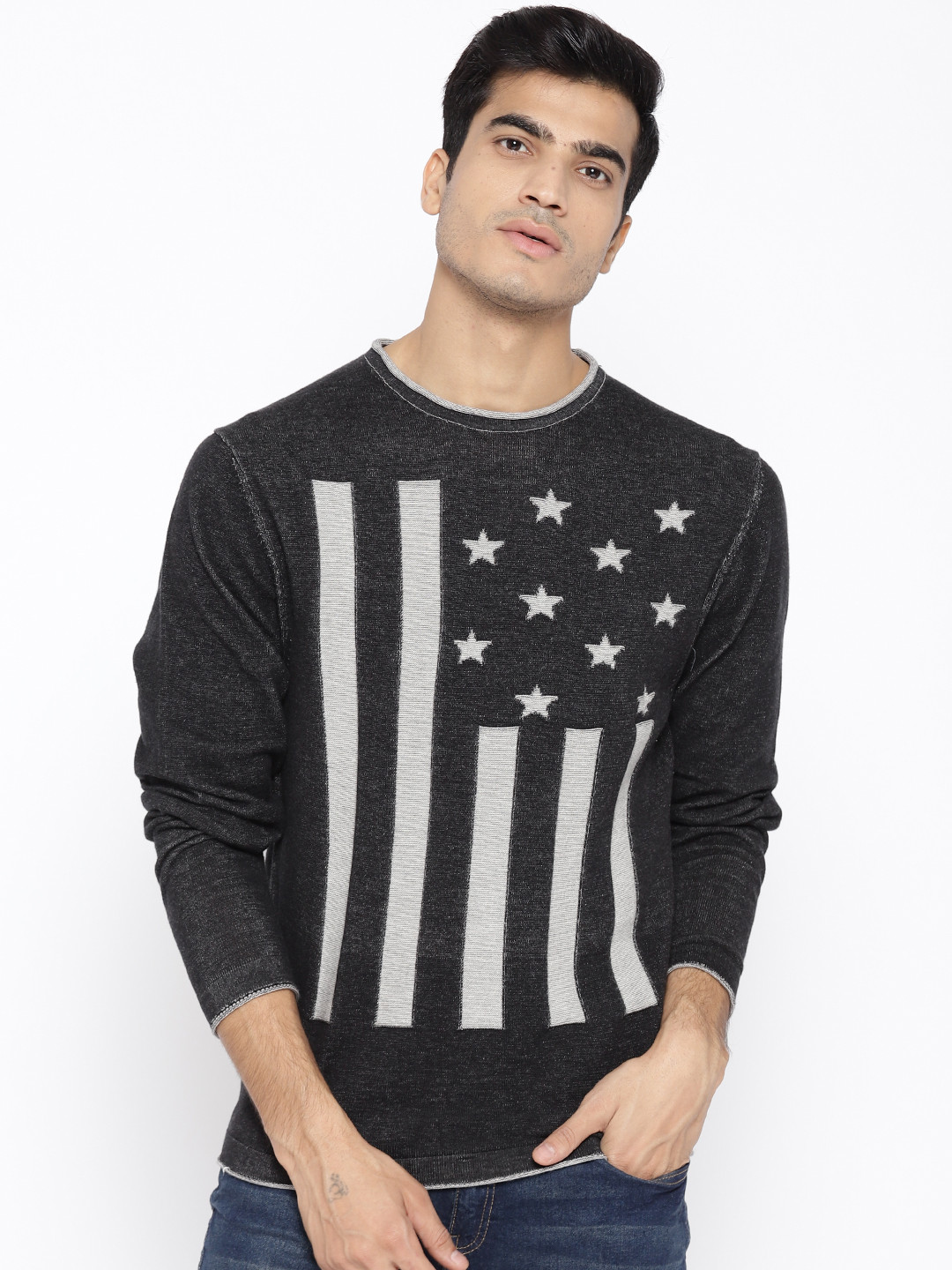 

U.S. Polo Assn. Denim Co. Men Charcoal Grey Self Design Pullover Sweater