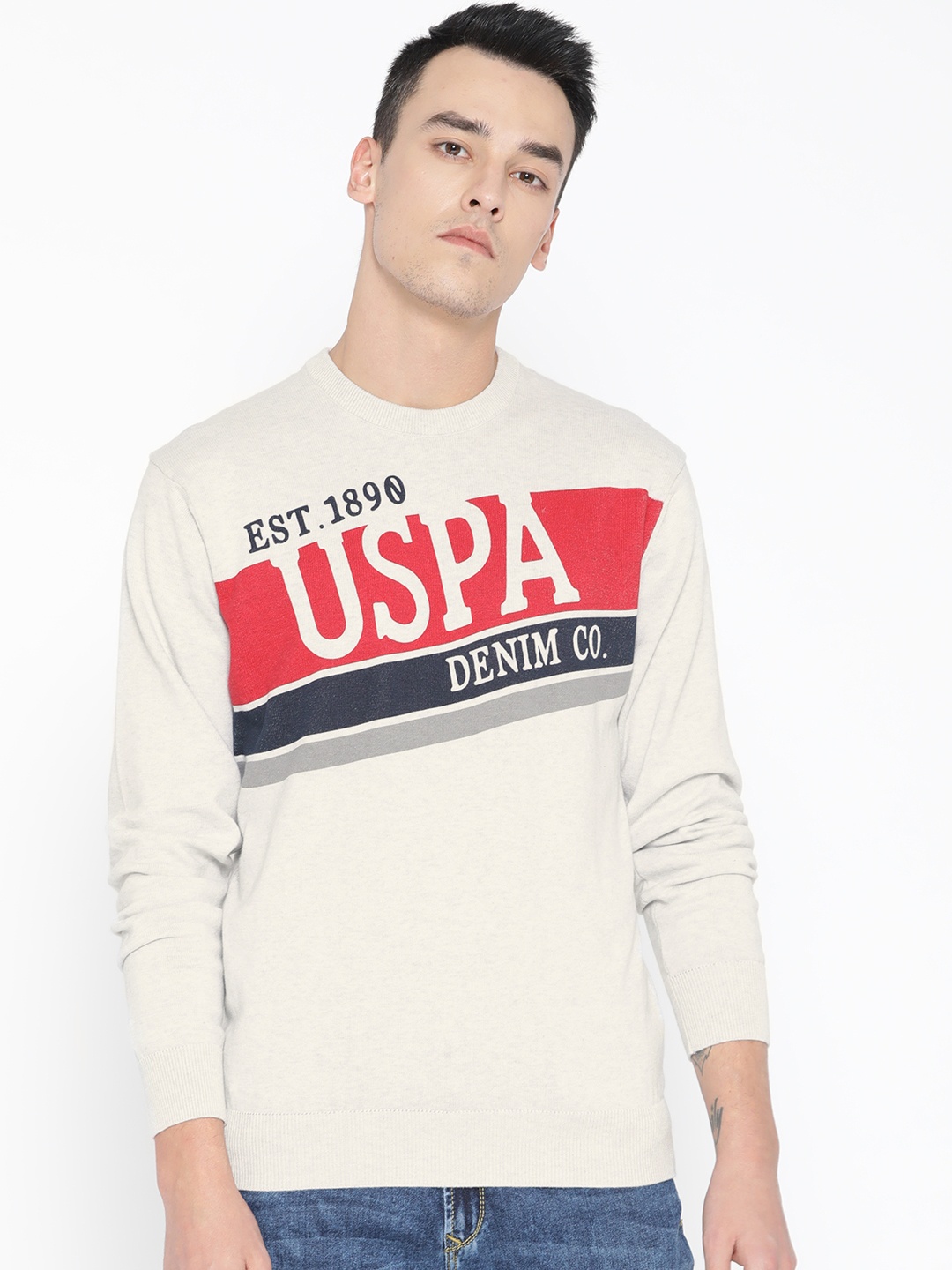 

U.S. Polo Assn. Denim Co. Men Grey Melange & Red Printed Sweater