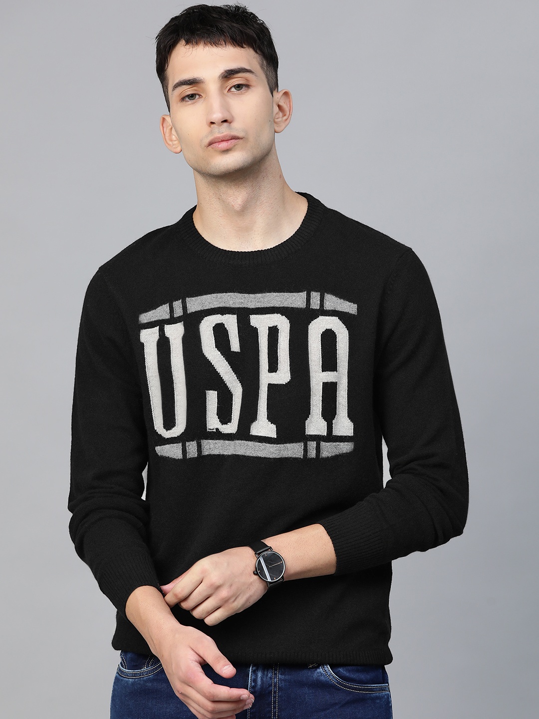 

U.S. Polo Assn. Denim Co. Men Black & Grey Self Design Pullover