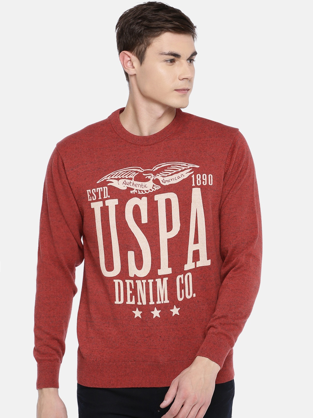 

U.S. Polo Assn. Denim Co. Men Rust Red Printed Pullover Sweater