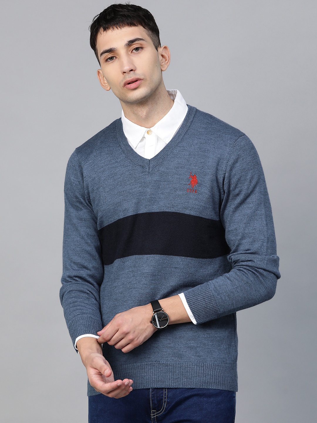 

U.S. Polo Assn. Denim Co. Men Navy Blue Colourblocked Pullover