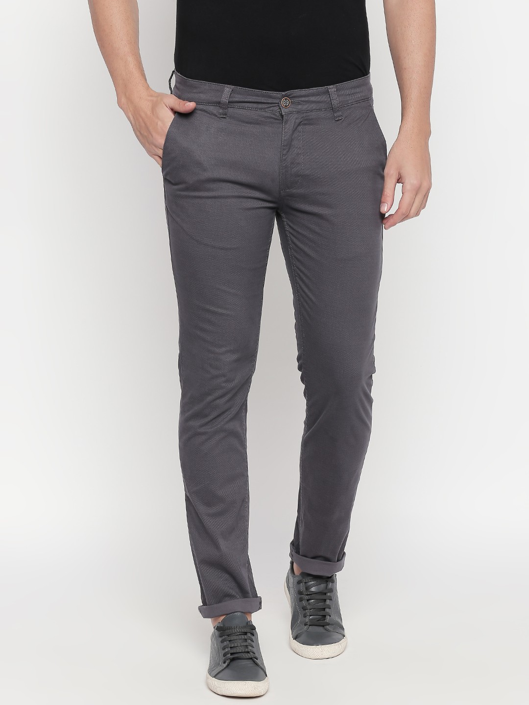 

Urban Ranger by pantaloons Men Charcoal Grey Slim Fit Self Design Regular Trousers