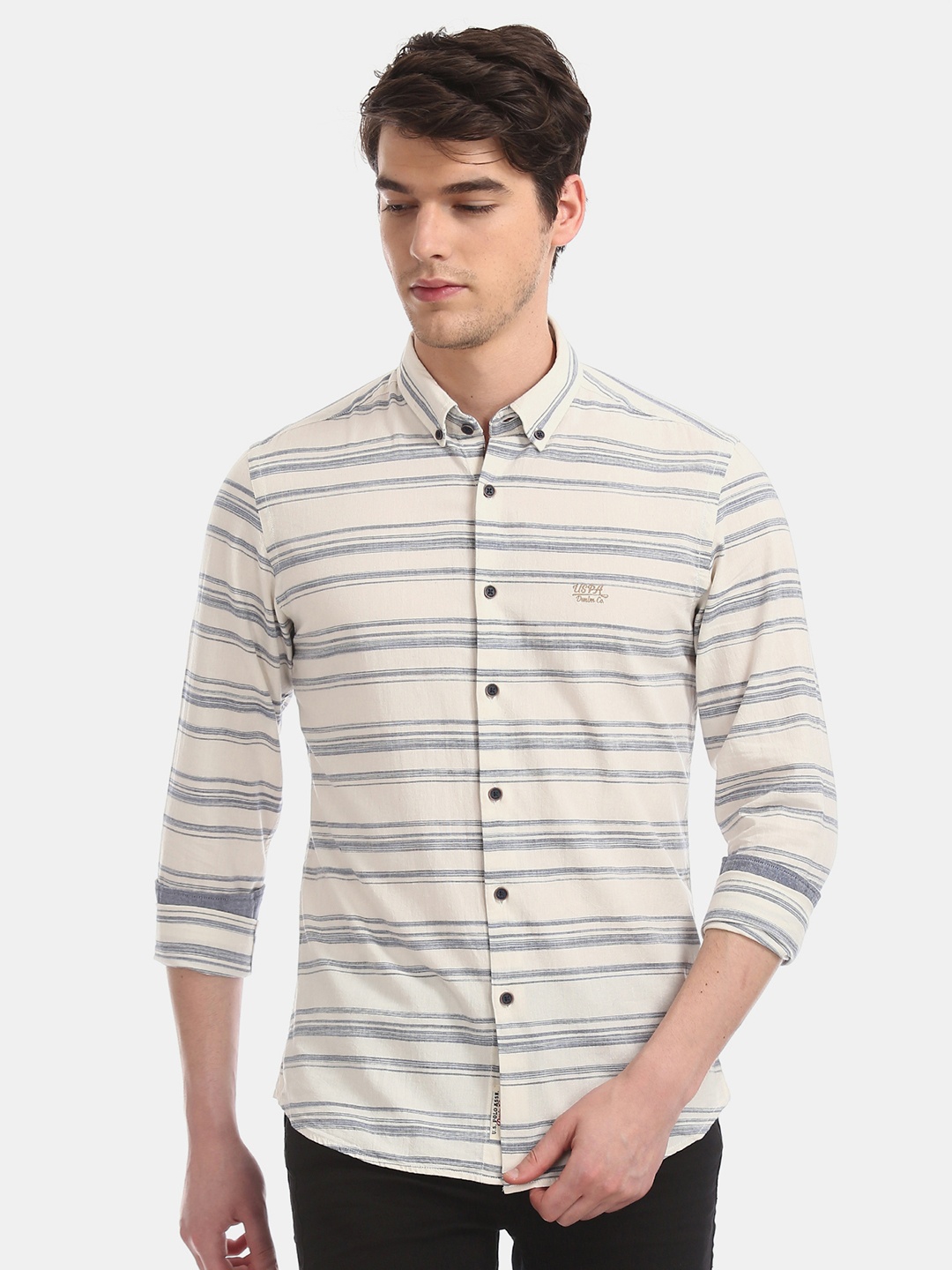 

U.S. Polo Assn. Denim Co. Men Off-White & Grey Slim Fit Striped Casual Shirt