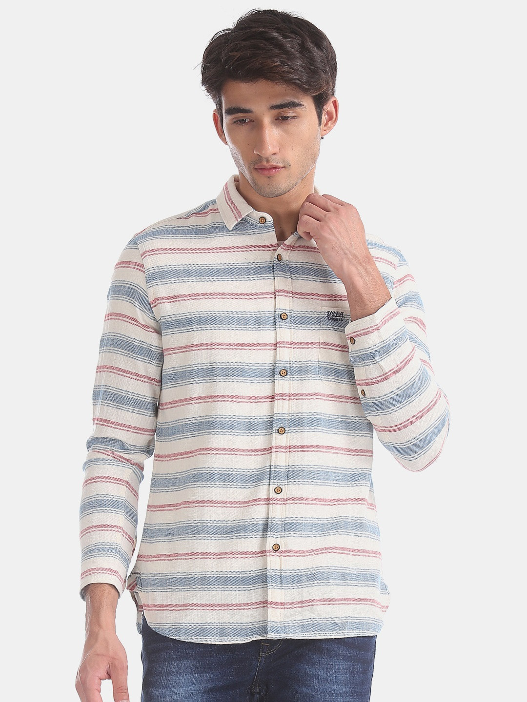 

U.S. Polo Assn. Denim Co. Men Off-White & Blue Slim Fit Striped Casual Shirt