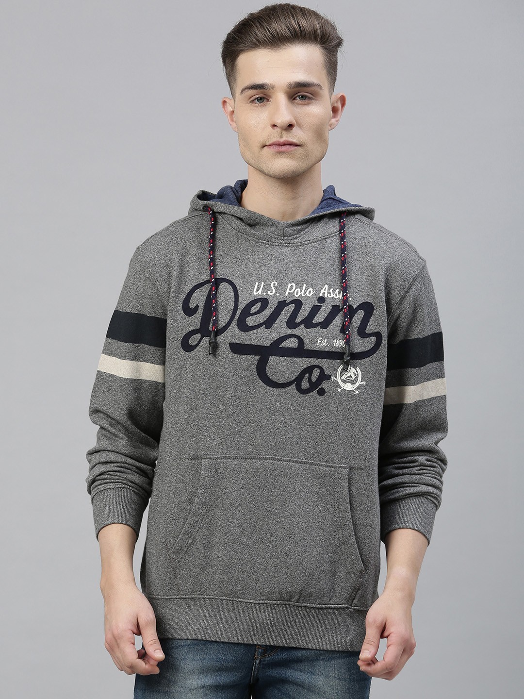 

U.S. Polo Assn. Denim Co. Men Grey Printed Hooded Sweatshirt