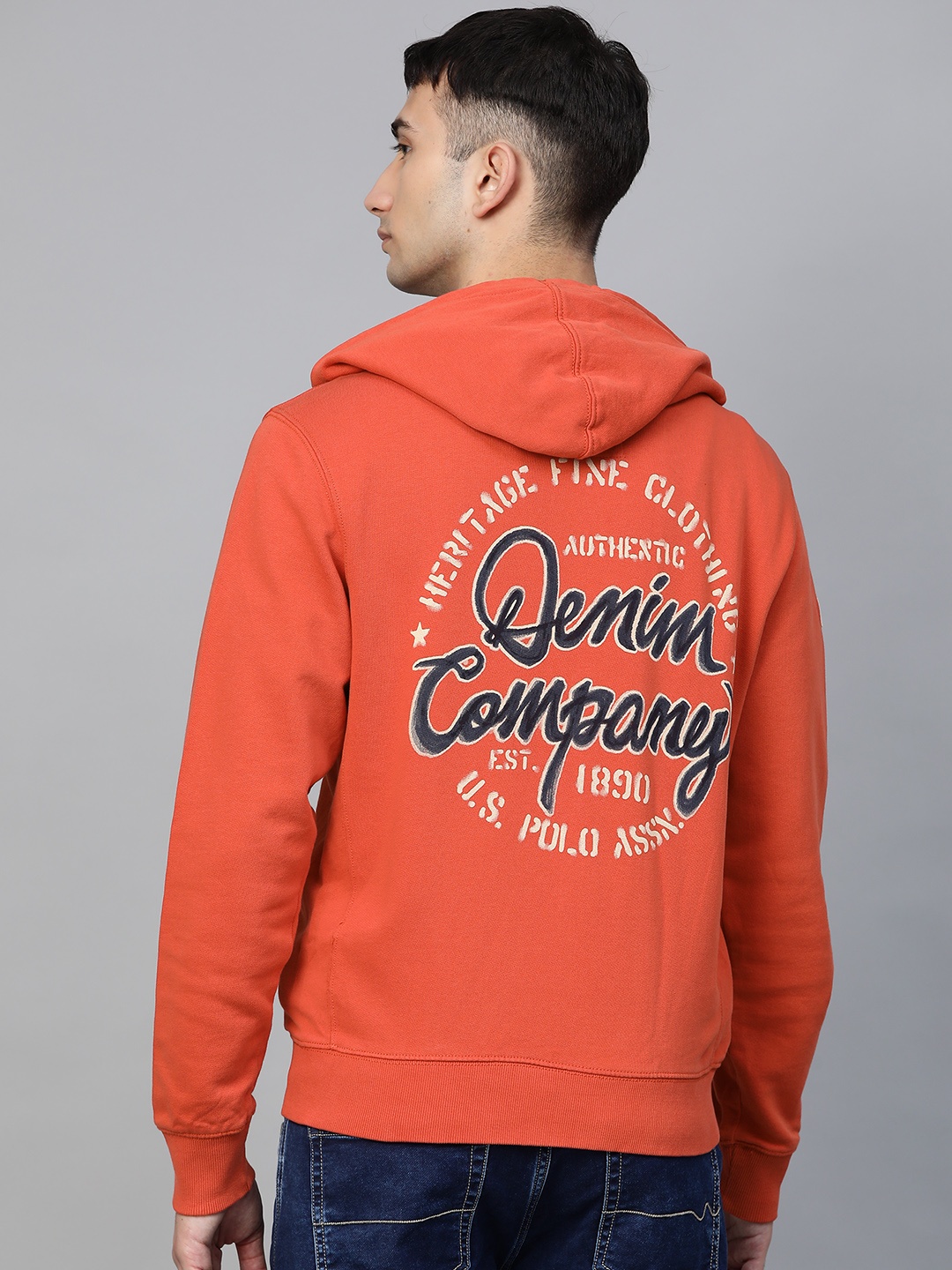 

U.S. Polo Assn. Denim Co. Men Orange & Navy Blue Printed Back Hooded Sweatshirt