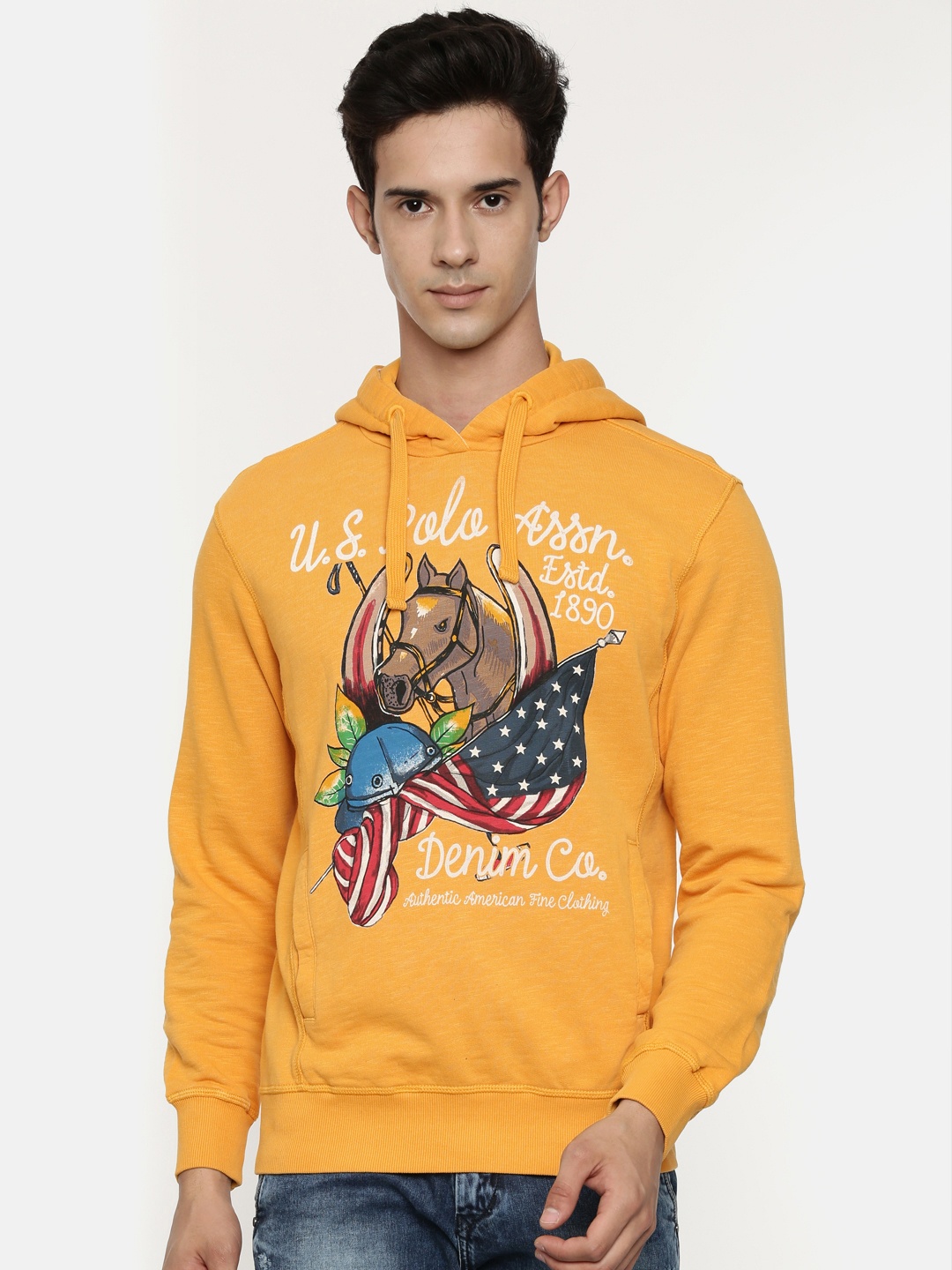 

U.S. Polo Assn. Denim Co. Men Mustard Yellow Printed Hooded Sweatshirt