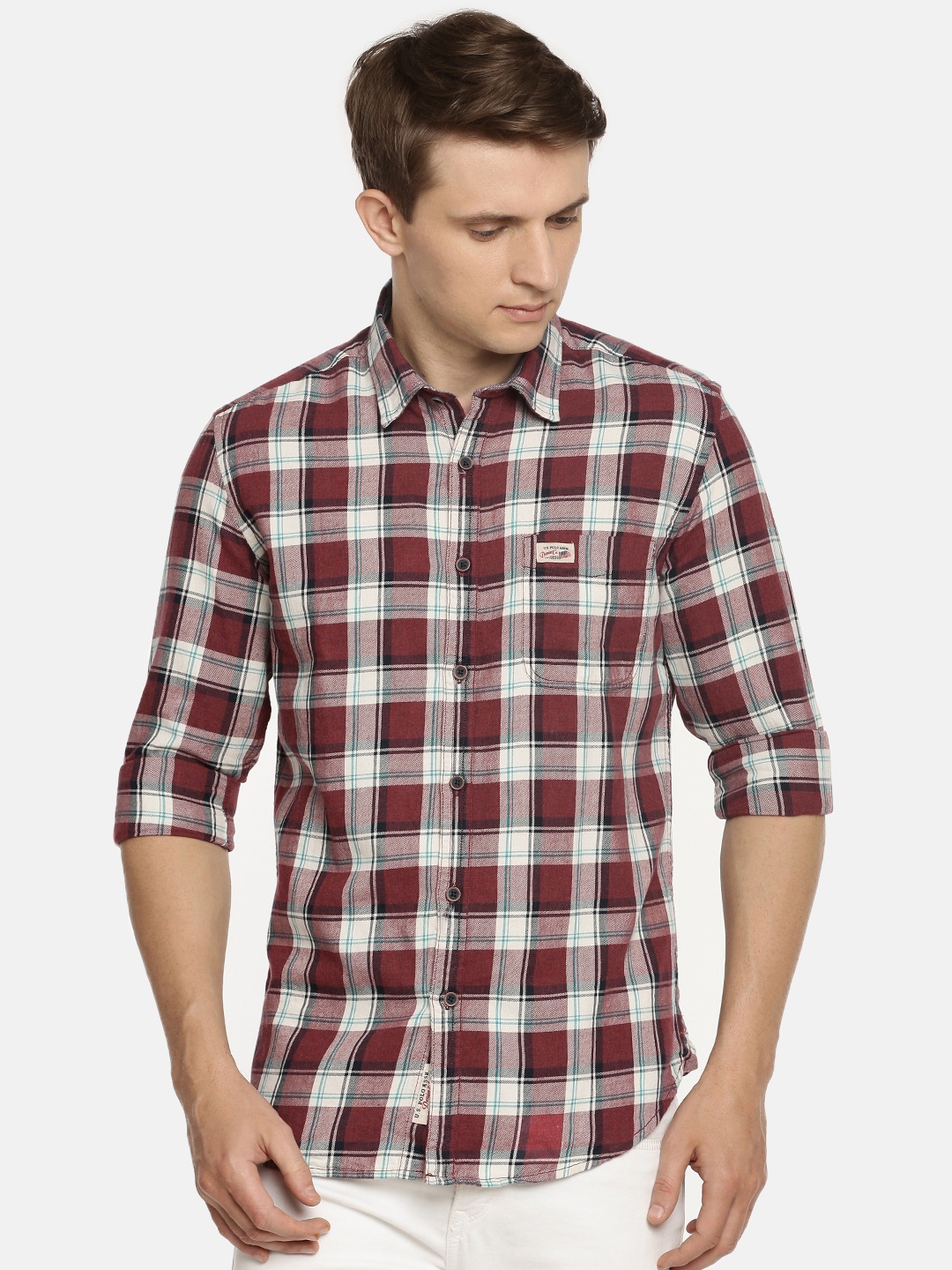 

U.S. Polo Assn. Denim Co. Men Maroon & Off-White Slim Fit Checked Casual Shirt