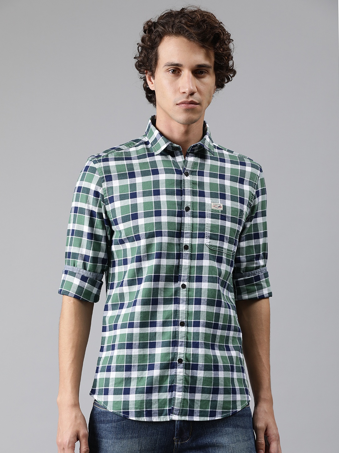 

U.S. Polo Assn. Denim Co. Men Green & White Slim Fit Checked Casual Shirt