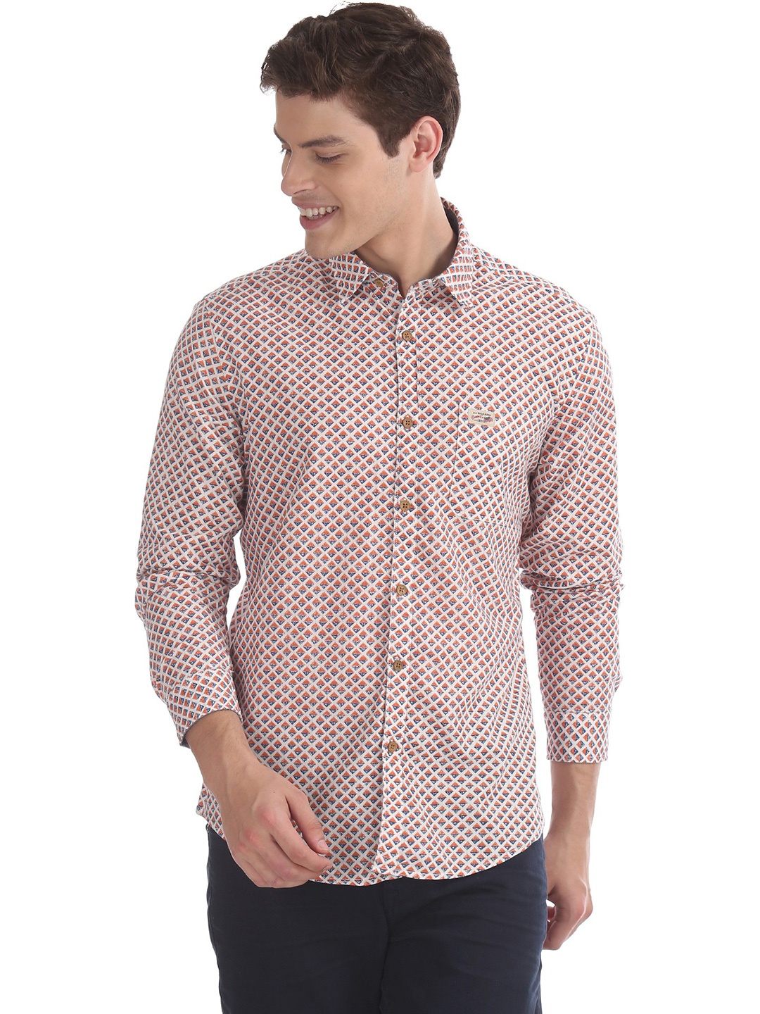 

U S Polo Assn Denim Co Men Coral Pink & Navy Blue Slim Fit Printed Casual Shirt