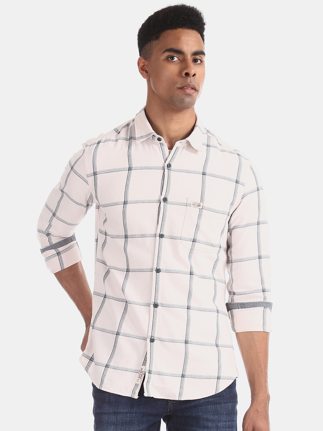 

U.S. Polo Assn. Denim Co. Men Off-White & Grey Slim Fit Checked Casual Shirt