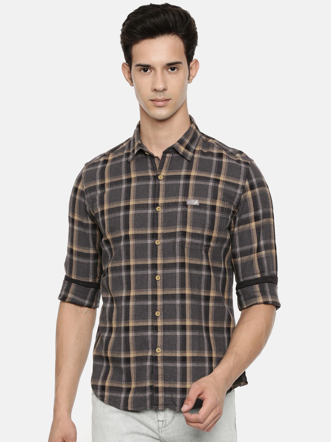 

U.S. Polo Assn. Denim Co. Men Grey & Beige Slim Fit Checked Casual Shirt