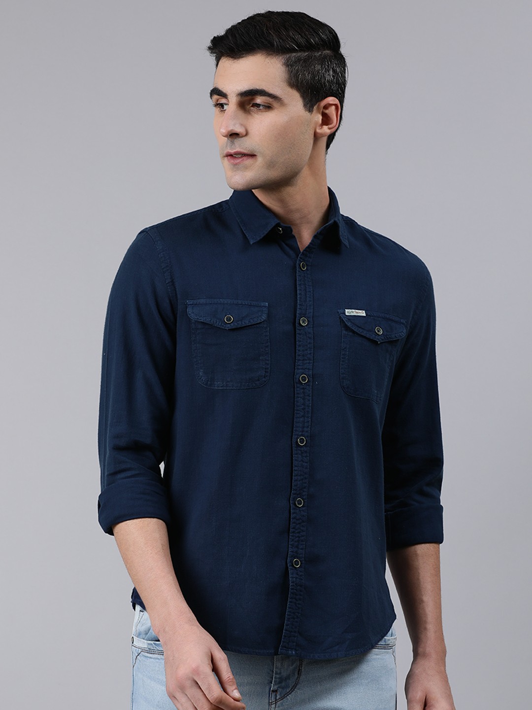 

U.S. Polo Assn. Denim Co. Men Navy Blue Slim Fit Solid Casual Shirt