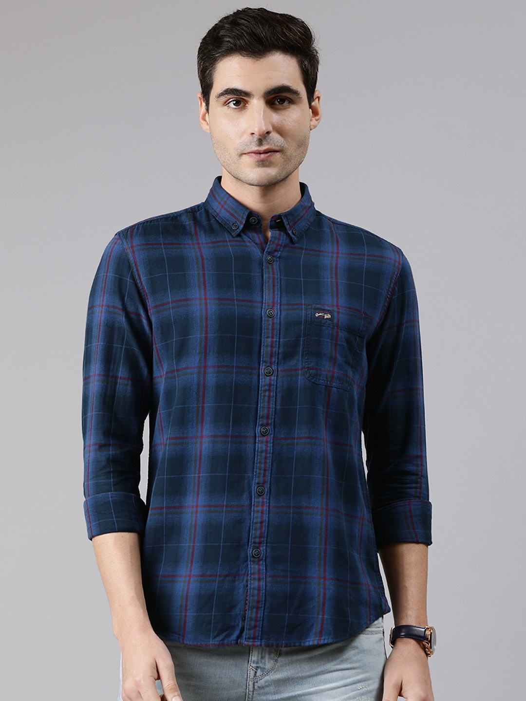

U.S. Polo Assn. Denim Co. Men Navy Blue & Maroon Slim Fit Checked Casual Shirt