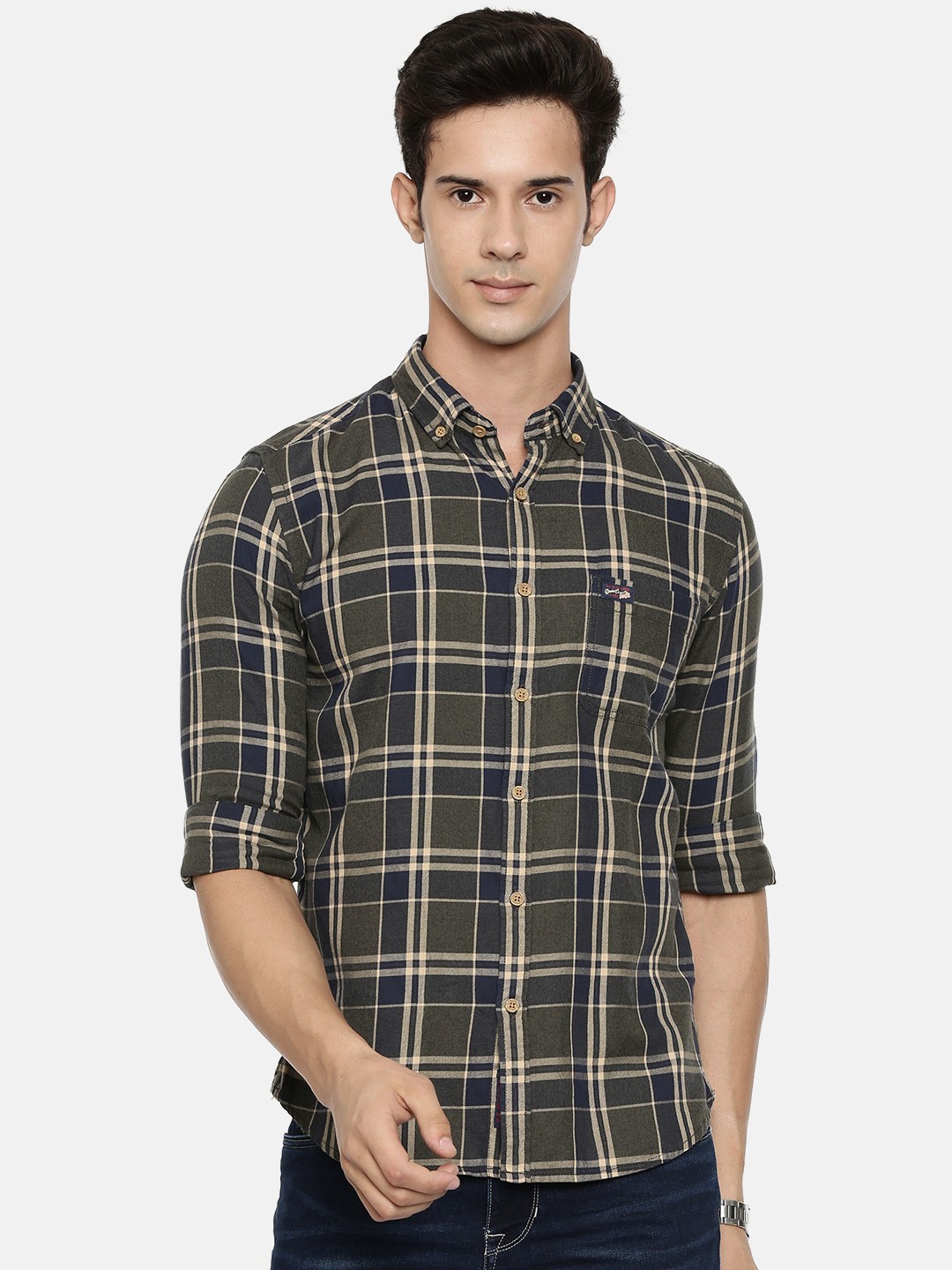 

U.S. Polo Assn. Denim Co. Men Olive Green & Navy Blue Slim Fit Checked Casual Shirt