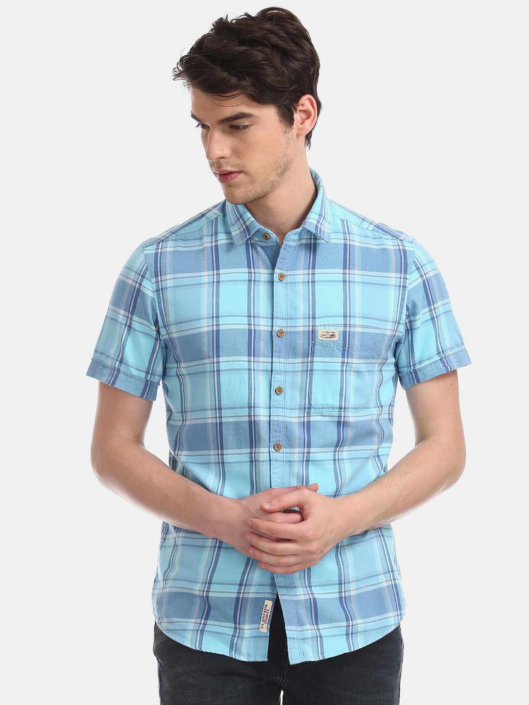

U.S. Polo Assn. Denim Co. Men Turquoise Blue Slim Fit Checked Casual Shirt