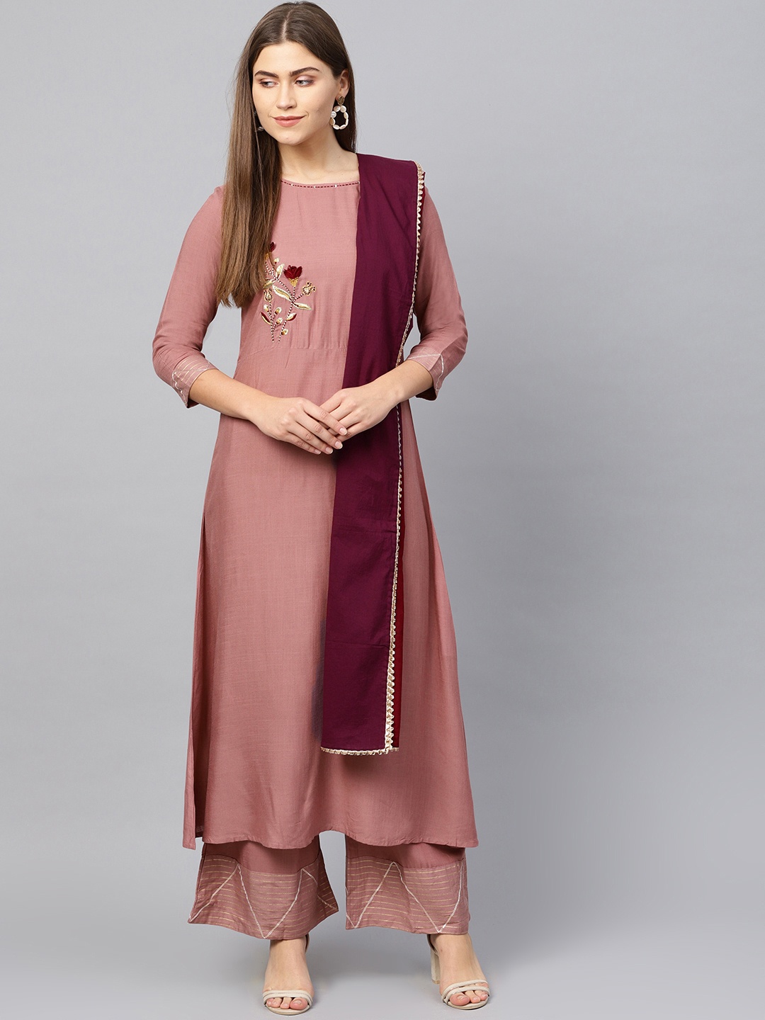 

Yufta Women Mauve Embroidered Detail Kurta with Palazzos & Dupatta