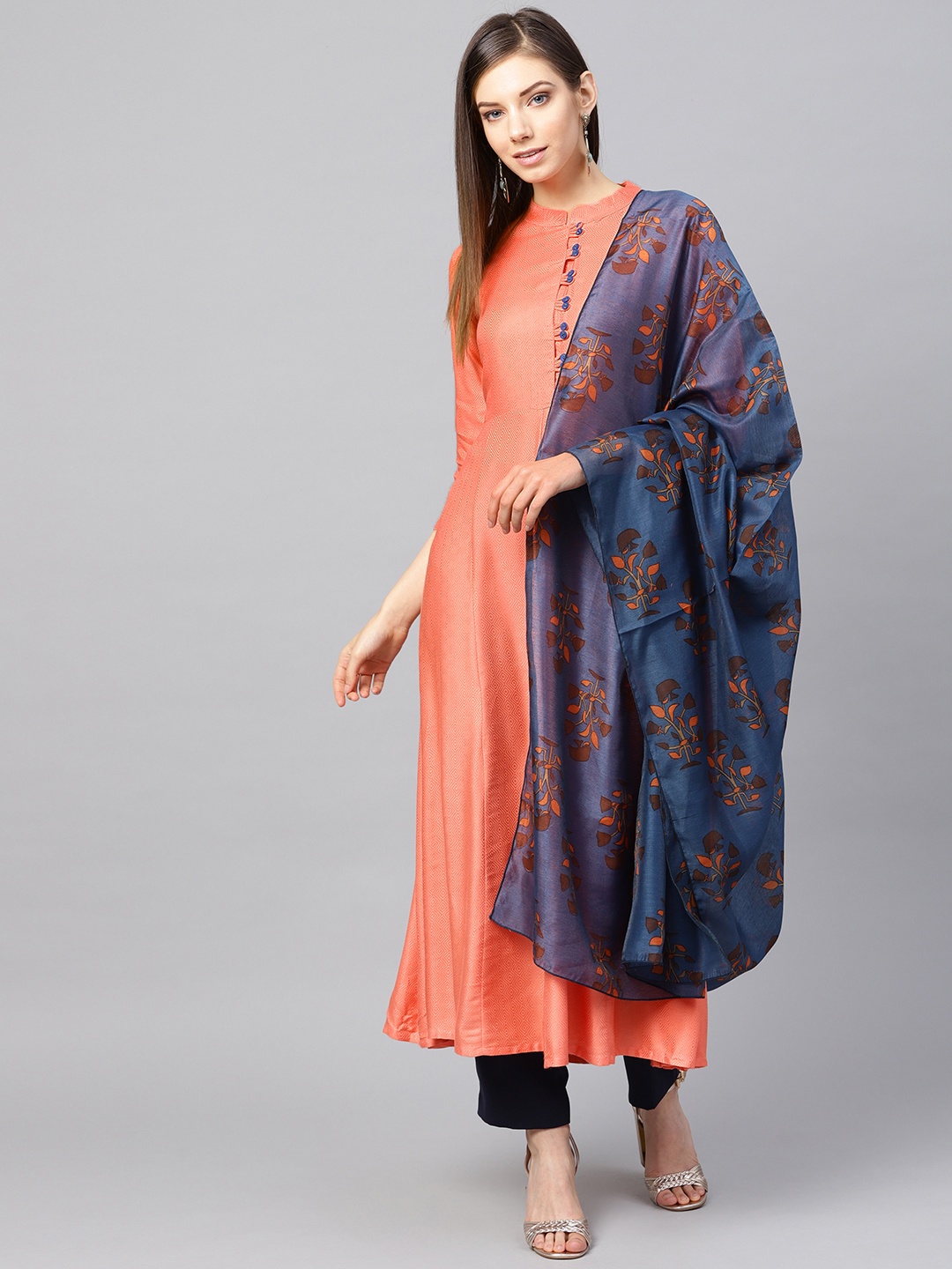 

Yufta Women Peach-Coloured & Navy Blue Woven Design Anarkali Kurta with Dupatta