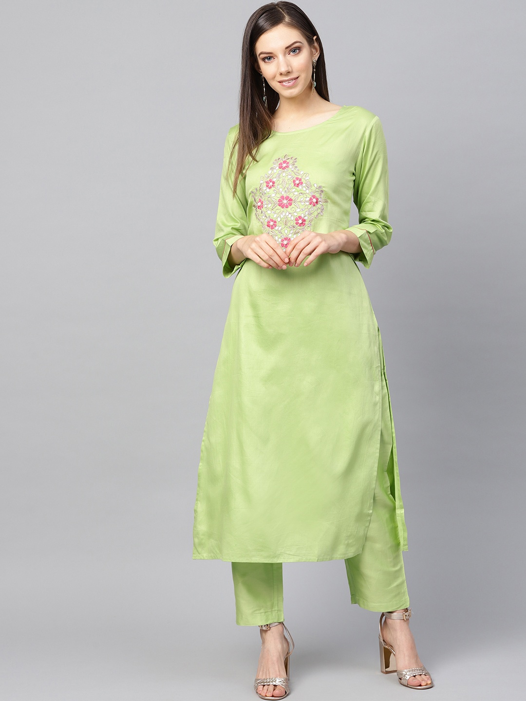 

Yufta Women Green Yoke Design Kurta with Trousers