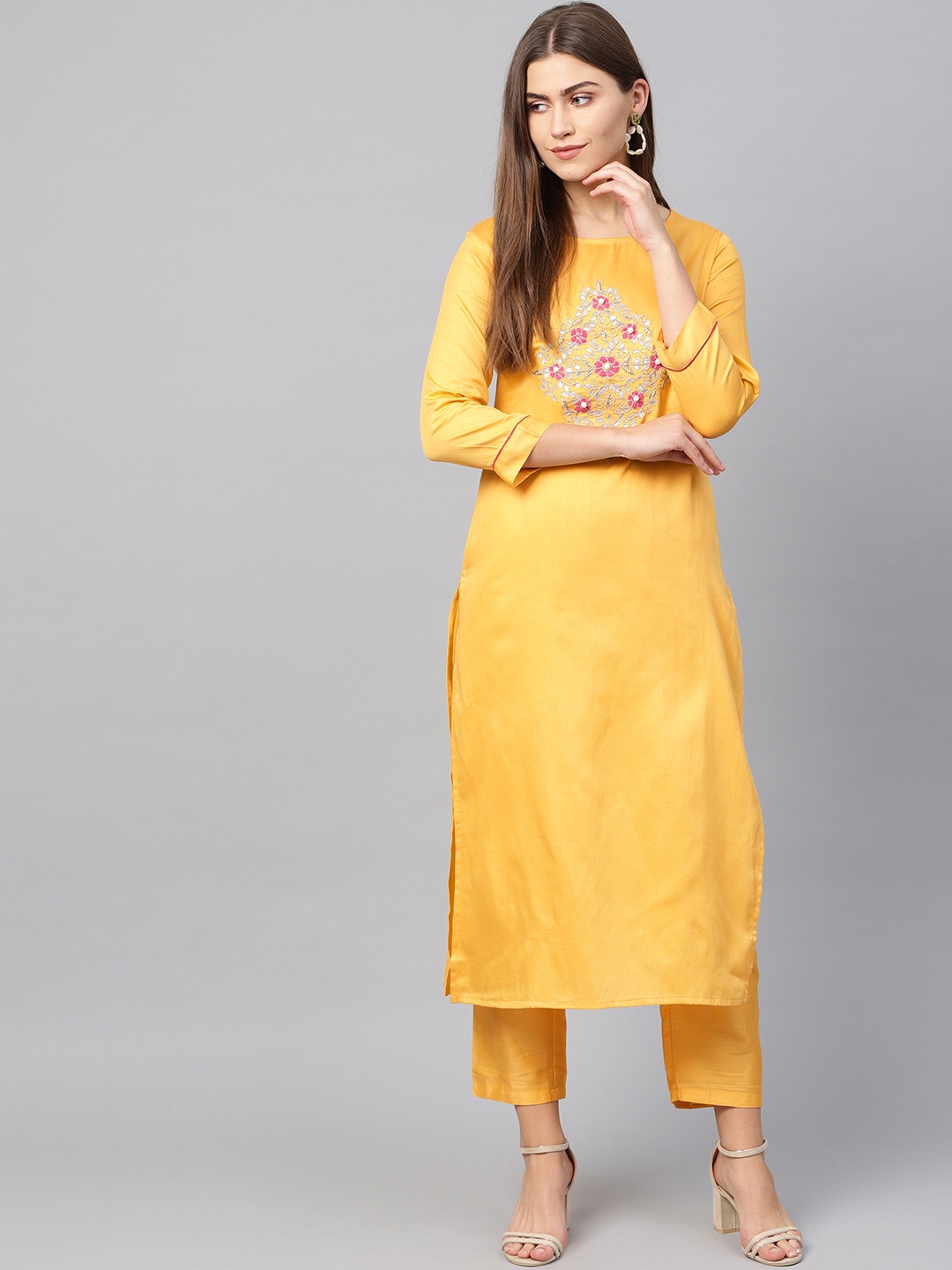 

Yufta Women Mustard Yellow Yoke Design Kurta with Trousers