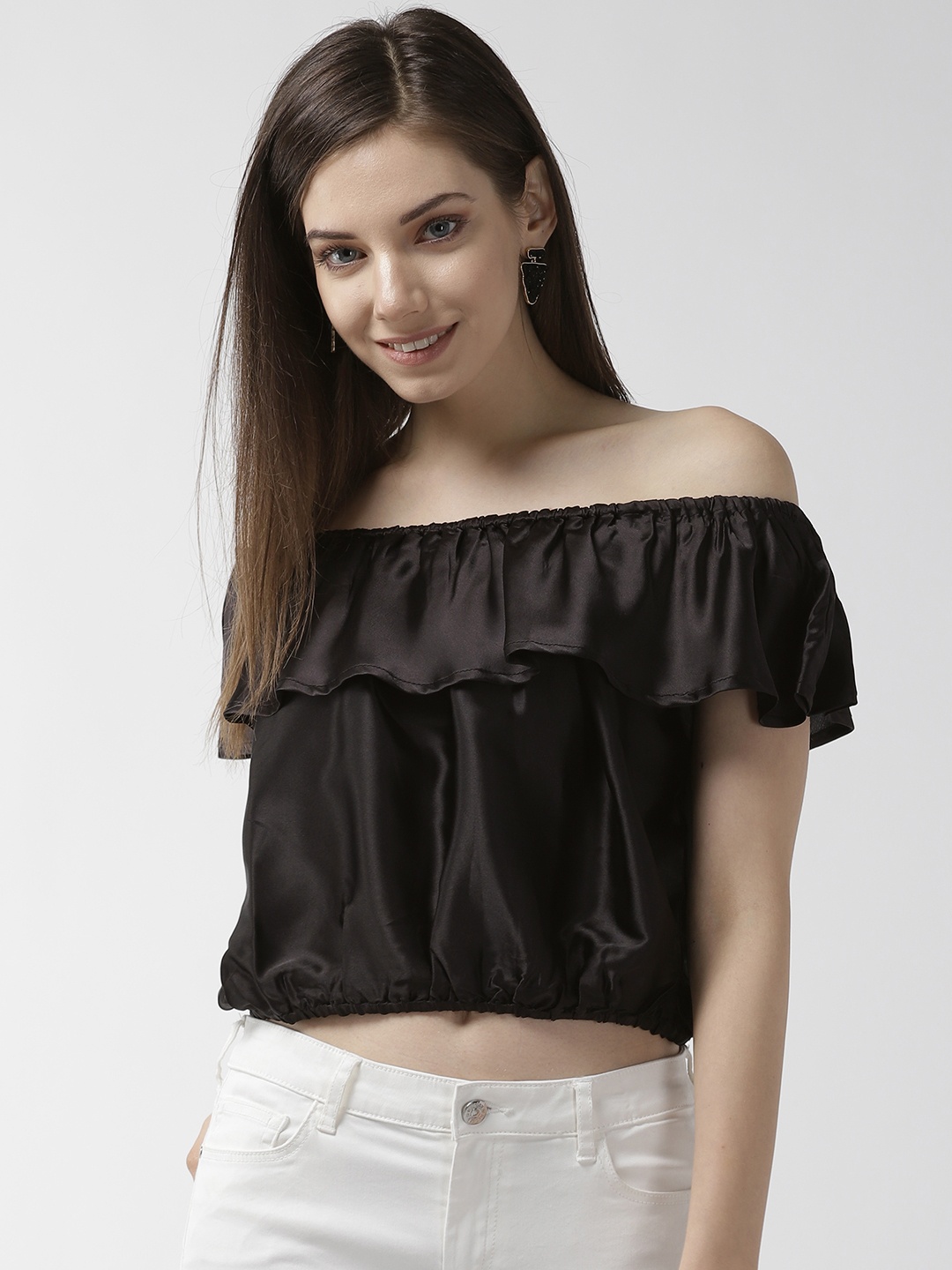 

Rue Collection Women Black Solid Satin Finish Cropped Bardot Top